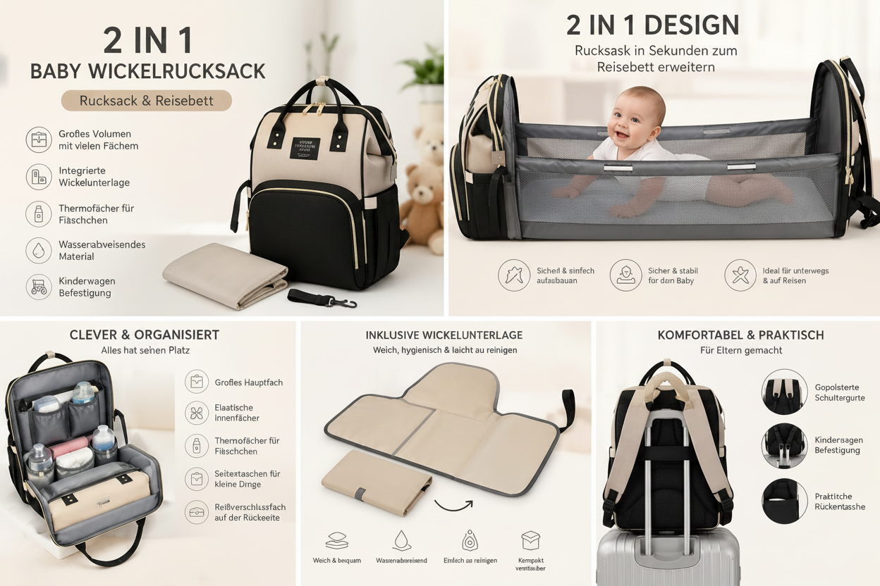 2 in Baby Rucksack mit Wickelbett